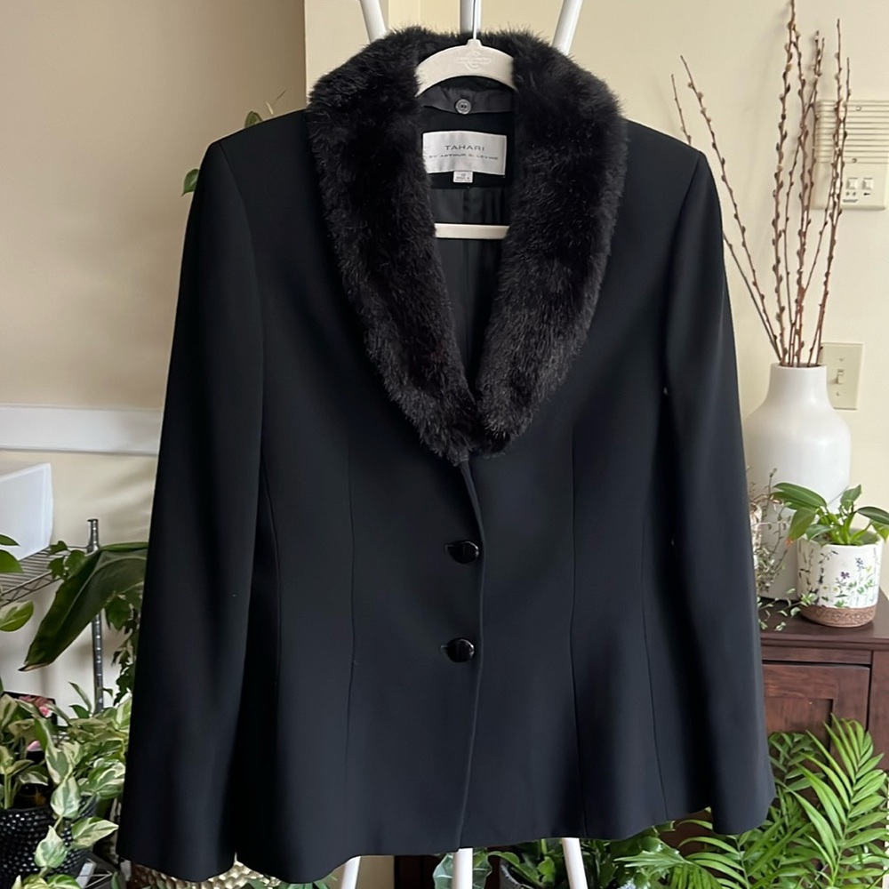 🖤 TAHARI By Arthur S.Levine Fur Collar Black Coat Jacket Vintage-Women 10